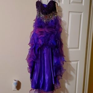 High-low asymmetrical Mardi Gras, prom, purple, shimmery beaded gown dress